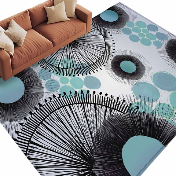 Blue Green Floral Washable Living Room Rugs 9'x12', Boho Abstract Floral Teal Dot Wood Grain Low Pile Throw Large Area Rug Non-Slip Sturdy Edge Binding Carpet for Bedroom Dining Room Office