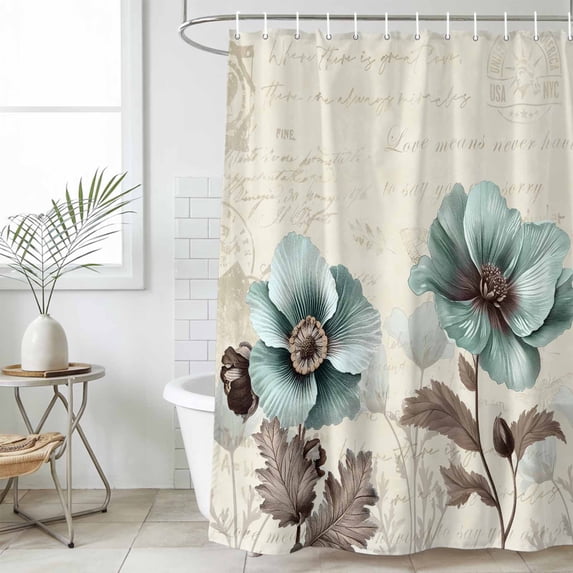 Blue Green Floral Waterproof Fabric Shower Curtain,Spring Summer Mallow Flowers Retro Waterproof Fabric Shower Curtain for Bathroom Curtains Bathtubs Shower Curtains with 12 Hooks Standard 72x72