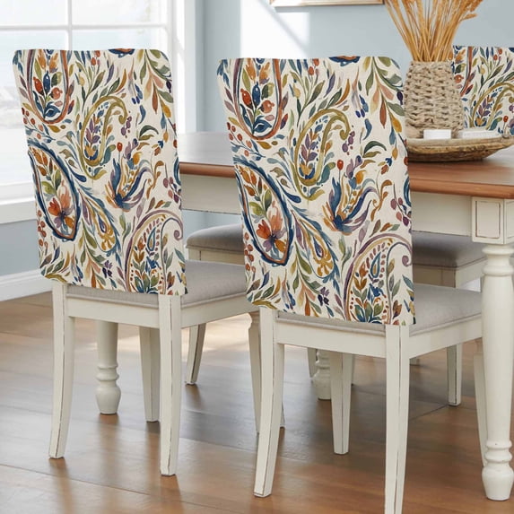 Blue Green Flower Dining Chair Back Cover Only, Watercolor Abstract Paisley Bohemia Texture Set of 8 Chair Back Covers, Removable Washable for Dining Room, Banquet & Holiday Decoration