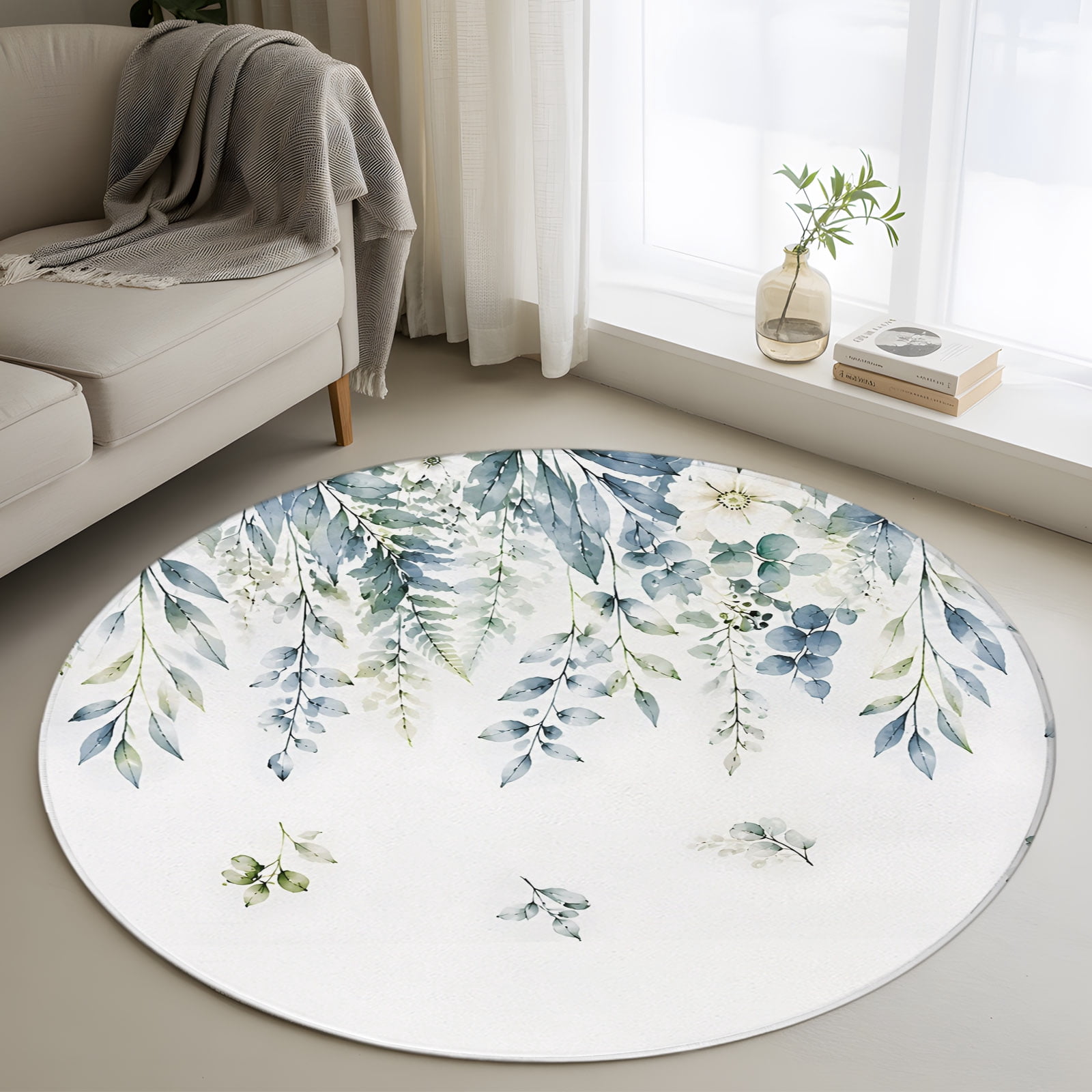 Blue Green Flower Leaf 3FT Round Area Rugs Rustic Farmhouse Botanical ...
