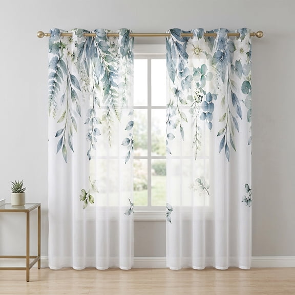 Blue Green Flower Leaf Sheer Curtains 63 Inch Long 2 Panels, Rustic Farmhouse Botanical Plant Light Filtering Semi Sheer Drapes Grommet Voile Window Curtain for Living Bedroom W52 x L63