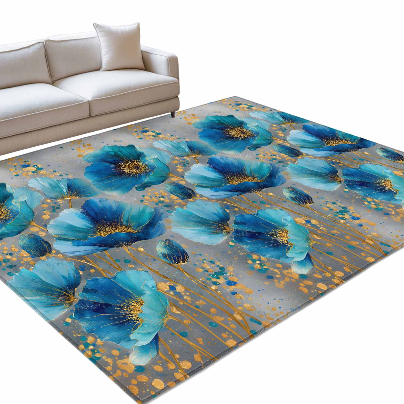 Blue Green Flowers Area Rugs 4x6ft Modern Teal Gold Floral Petals Floor ...