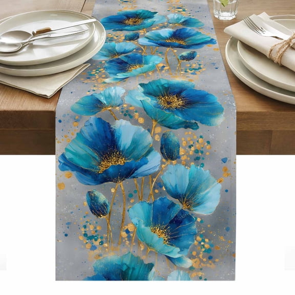 Blue Green Flowers Cotton Linen Table Runner Modern Teal Gold Floral Petals Dining Table Runners for Home Decor Party Dining Room Restaurant Kitchen Party 13" x 48"