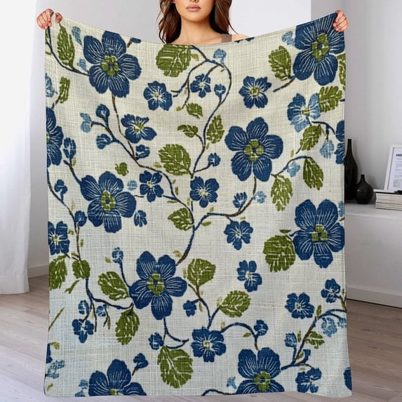Blue And Green Flowers Flannel Warm Throw 60"x80" Vintage Floral Seasonal Summer Soft Warm Cozy Fleece Holiday Throw Blanket for Bed Sofa Couch Throw Blanket for Women Men