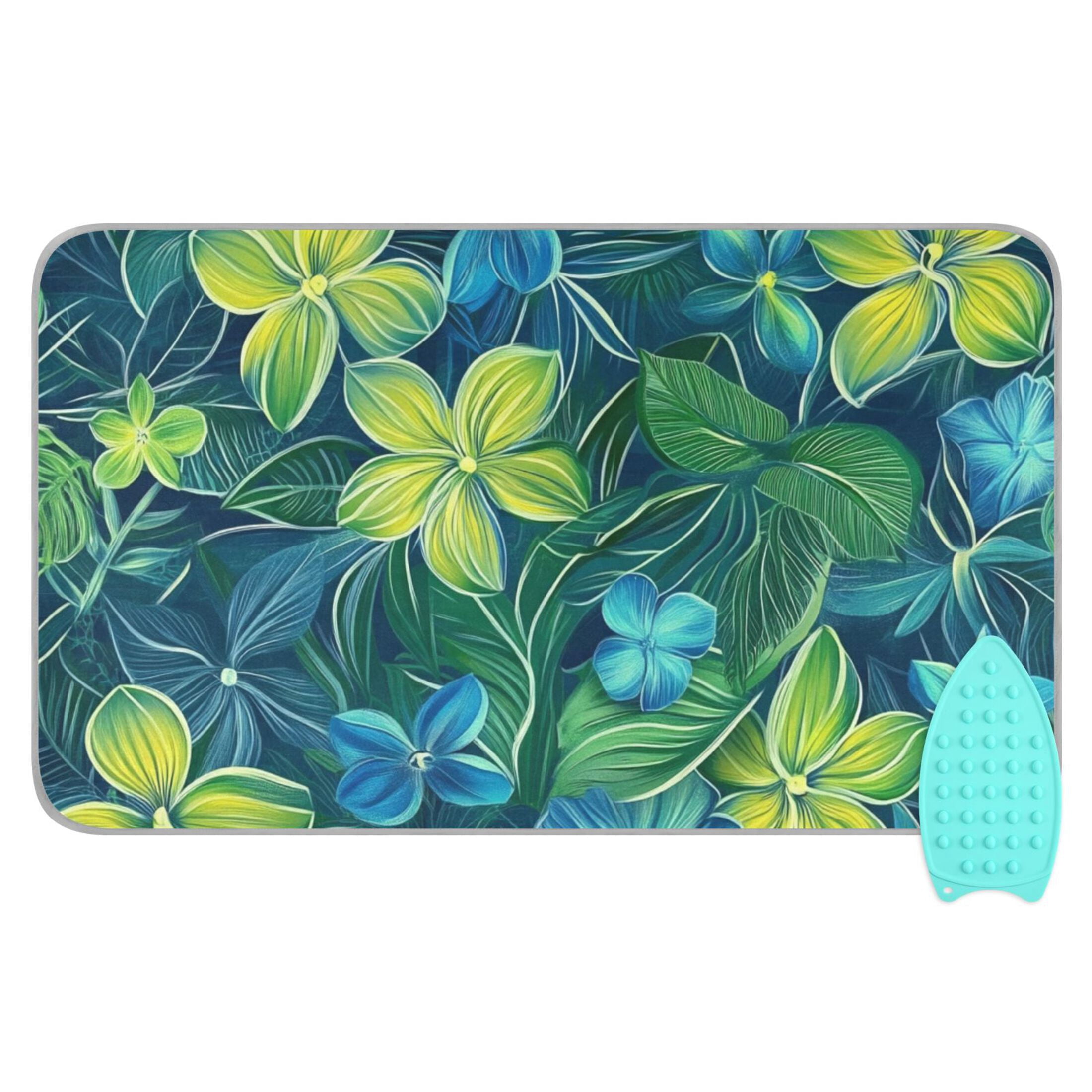 Blue Green Flowers Leaves Hawaii Style Ironing Mat Blanket Portable Travel Ironing Pad Heat Resistant Pad 47.2" x 27.6”