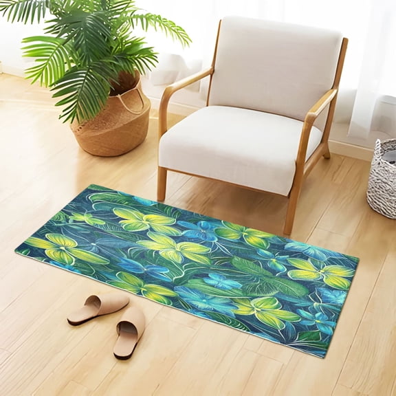 Blue Green Flowers Leaves Hawaii Style Plush Carpet Non Slip Runner Rug Absorbent Bath Mat 39" x 20"