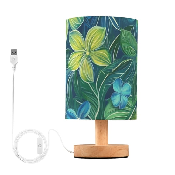 Blue Green Flowers Leaves Hawaii Style Table Lamp with USB Port LED Warm Light Lamp Night Light Home Decor