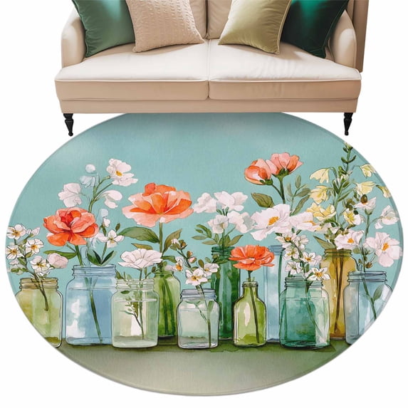 Blue Green Flowers Round Rug 8ft Washable Circle Rugs Non Slip Spring ...