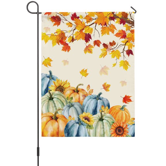 Blue Green Garden Flag 12 x 18 Inches, Orange Pumpkin Autumn Fallen Maple Leaf Rustic Weather Proof Outdoor Patio Flags Double Sided Small Garden Decoration for Yard Outside Home