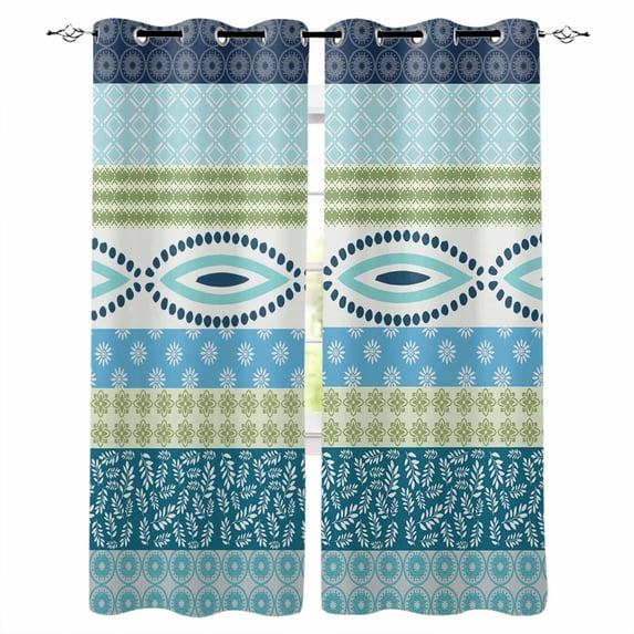 Blue Green Geometric Blackout Curtains 39 Inches Long, Boho Vintage Country Flowers Leaves Thermal Insulated Black Out Curtains, Short Darkening Window Curtain for Cafe Bedroom 27.5"x39" 2 Panels