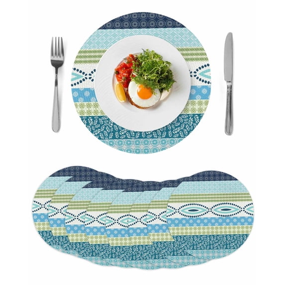 Blue Green Geometric Round 13 Inch Placemats Set of 8, Boho Vintage Country Flowers Leaves HeatResistant Non Slip Place Mats for Dining Table, Wipeable Braided Kitchen Table Mats for Housewarming