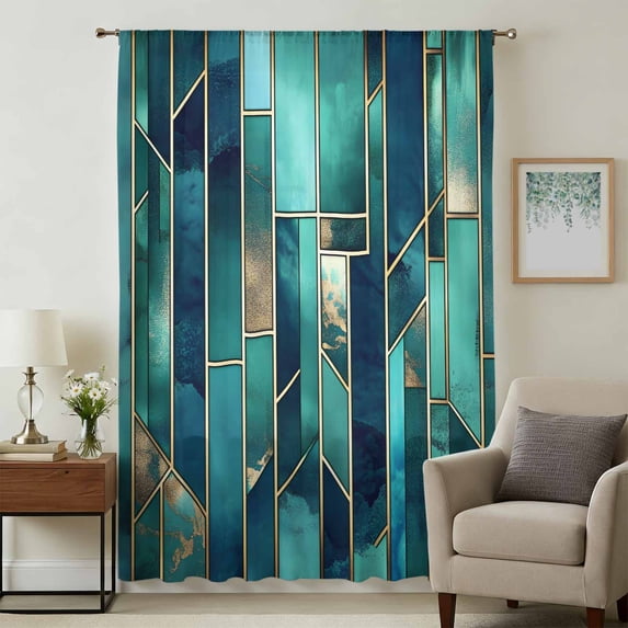 Blue Green Geometric Sheer Curtains 54 Inches Long, Modern Abstract Stained Glass Light Filering Curtains, Breathable Simi Curtain Privacy Drapes for Kitchen Bathroom Small Window Treatment
