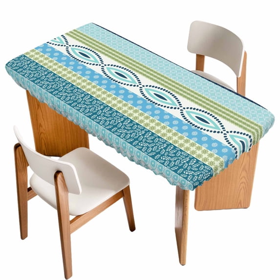 Blue Green Geometric Table Cloths for 5 Foot Rectangle Tables, Boho Vintage Country Flowers Leaves Patio Waterproof Elastic Fitted Tablecloths, Washable Rectangular Table Cover for Camping
