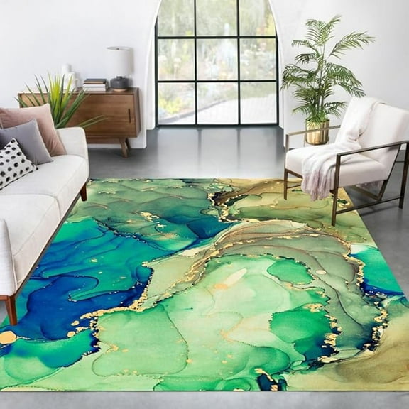 Blue Green Gold Liquid Marble Swirl Modern Abstract Area Rug Washable Wool Soft Rug For Living Room Bedroom Dining Room Art Deco Lux Home Office Dorm Farmhouse Floor Carpet 2 x 3ft