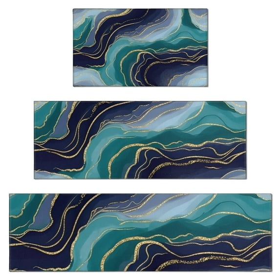 Blue Green Gold Marble Pattern Kitchen Rugs Sets Of 3,Kitchen Runner Rugs Non Skid Washable,Decorative Kitchen Floor Mats for Kitchen,Sink,Laundry,17"x30"+ 17"x47" + 17"x59"