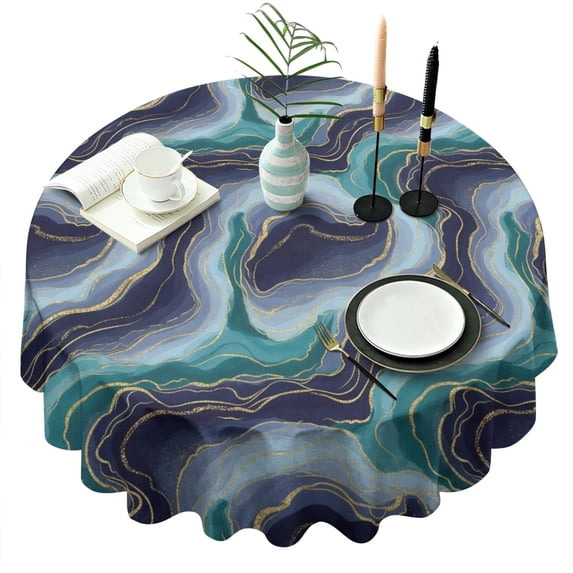 Blue Green Gold Marble Pattern Round Tablecloth 60"x60",Wrinkle Wipeable Table Cloth for Kitchen Dining Room Picnic Patio Party