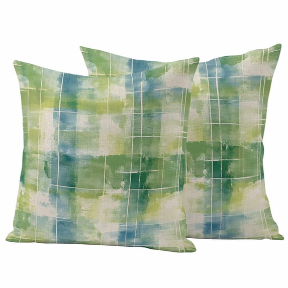 Blue Green Gradient Pillow Covers 2 Pack Geometric Grids Pillowcase Waterproof Outdoor Throw Pillow Cover for Patio Garden Square Cushion 20”x20”