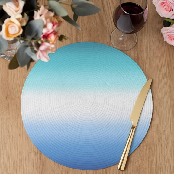 Blue Green Gradient Round Braided Placemats Set of 2, Abstract Minimalist Modern Smooth Transition Heat Insulation Place Mats Washable Non-Slip Table Mats for Kitchen Dining Party, 13 Inches
