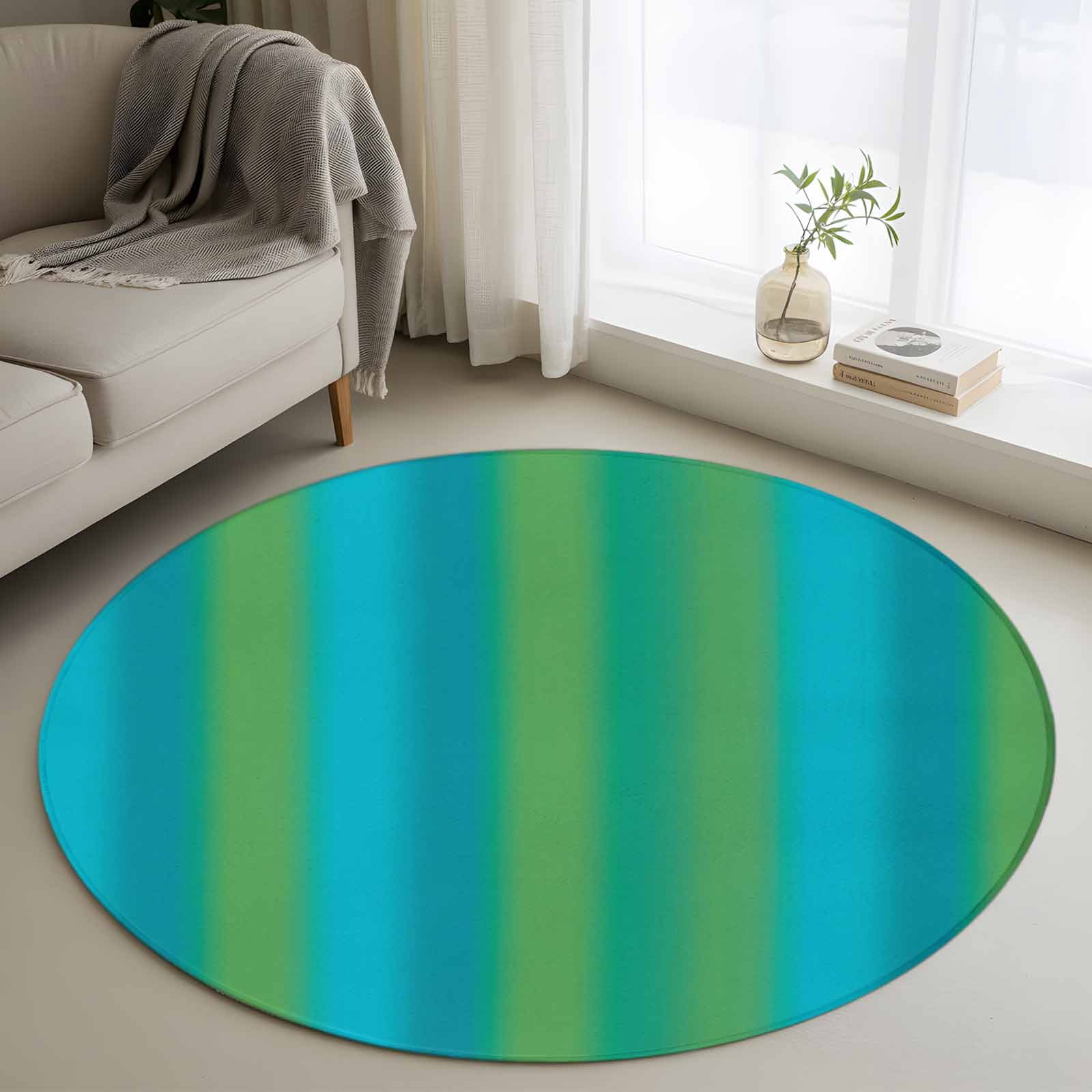 Blue Green Gradient Round Living Room Rugs 4 ft, Color Striped Ombre ...