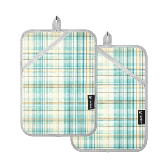 Blue Green Grid Oven Mitts Pot Holders 2 pcs Heat Resistant for Kitchen Baking Grilling