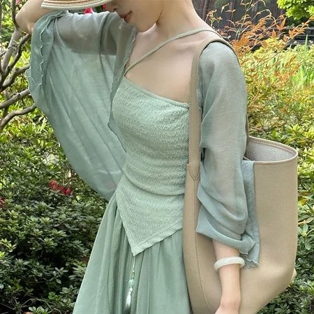 Blue Green Hanfu Suit Summer Chinese Style Qipao Dresses Mesh Cardigan Strap Vestidos Women Slim Cheongsams Costumes