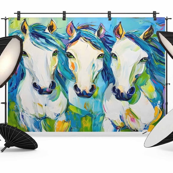 Blue Green Horse Backdrop for Photoshoot, Photography Photo Studio Background Wall Backdrop, Abstract Oil Painting Animals Back Drop Banner Panel for Portraits Wedding Live Streaming Decor 8x6Ft