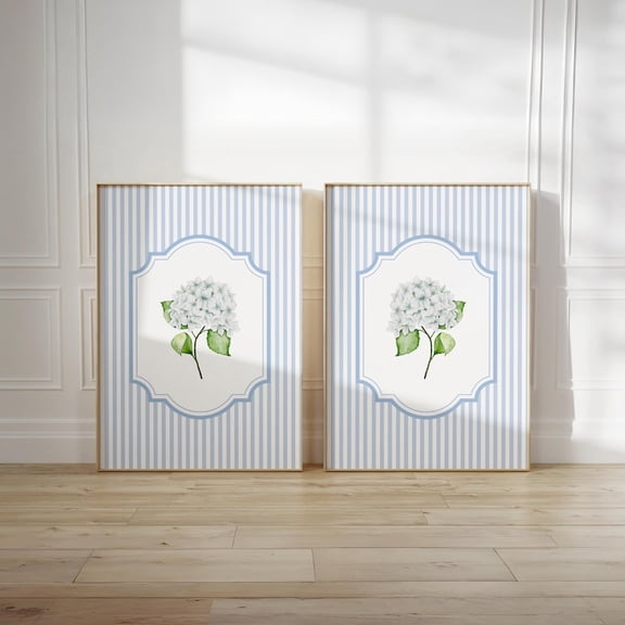 Blue Green Hydrangea Striped Grandmillenial Floral Wall Art Set 2 Unframed Paper Print 20x30