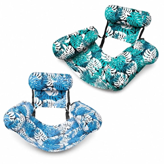 Blue & Green Inflatable Pool Float Chairs for Adults, Tropical Leaf Floating Loungers with Headrest, Back Support and Wide Armrests