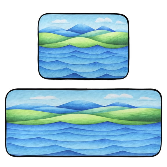 Blue Green Island 2-Piece Kitchen Carpet Mat Set, Non-Slip Memory Foam, Soft for Kitchen and Living Room Use