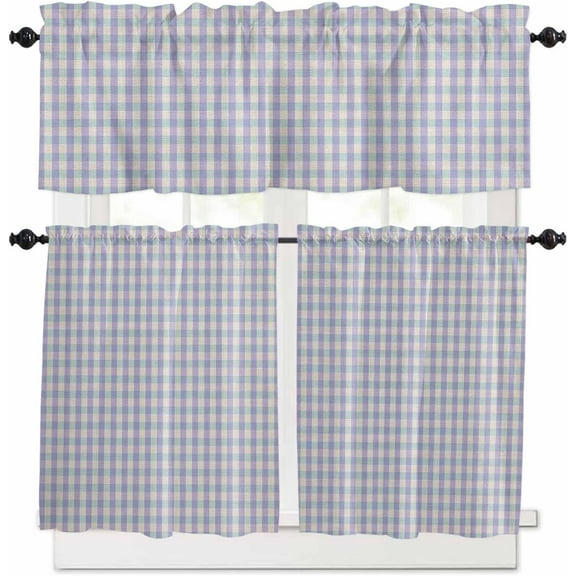 Blue Green Kitchen Curtains, Grid Checkered Plaid Gingham Lattice Trellis 3-Piece Kitchen Curtain Valance and Tiers Set 24 Inch Length, Rod Pocket Half Window Curtains for Cafe Living Room Bathroom