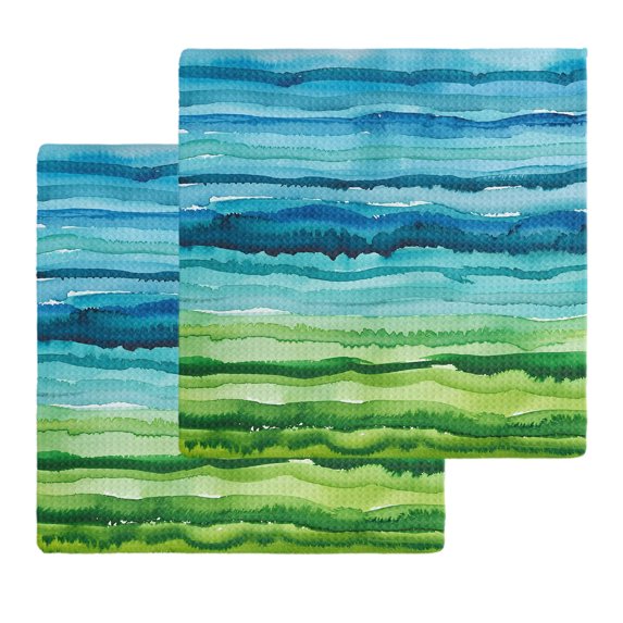 Blue Green Kitchen Dish Towels for Drying Dishes Set of 2, Gradient Watercolor Modern Abstract Art Waffle Weave Microfiber Hand Tea Bathroom Towels Quick Dry & Absorbent Towel 12x12
