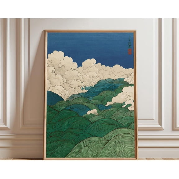 Blue Green Landscape Japanese Hills Clouds Vertical Wall Art, Unframed Paper Poster 8x10in