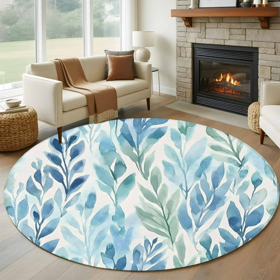 Blue Green Leaf Round Rug 5ft Washable Circle Kitchen Rugs Non Slip Summer Vintage Watercolor Plant Large Area Rug Indoor Floor Carpet for Bedroom Living Room Home Office Dining Room Nursery
