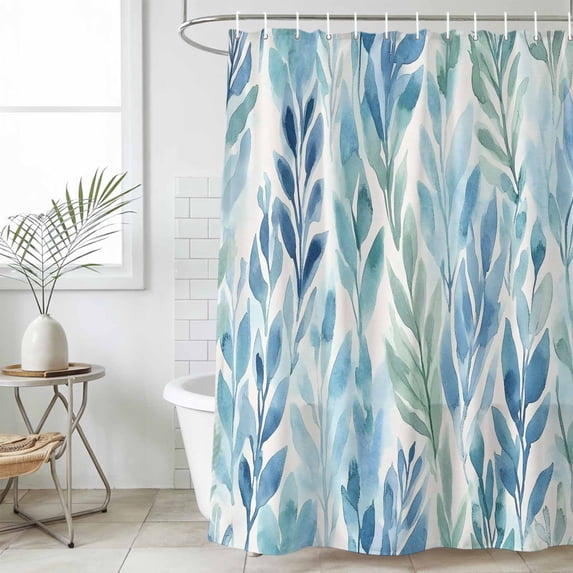 Blue Green Leaf Shower Curtain Set, Waterproof Shower Curtains for Bathroom, Summer Vintage Watercolor Plant Washable Fabric Cloth Bath Curtain for Bathtub Decoration with Hooks 66x72 Inches