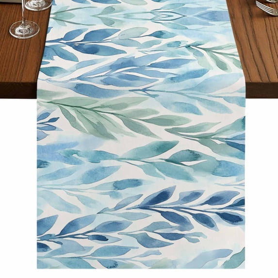 Blue Green Leaf Table Runner 60 Inches Long, Cotton Linen Table Runner ...