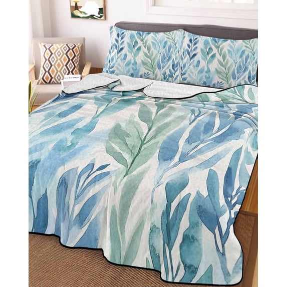 Blue Green Leaf Twin XL Size Down Alternative Comforter, Lightweight Comforter Quilt Bedding Set with Pillow Shams Summer Vintage Watercolor Plant All Seasons Bed Comforter Duvet Insert 68"x98"