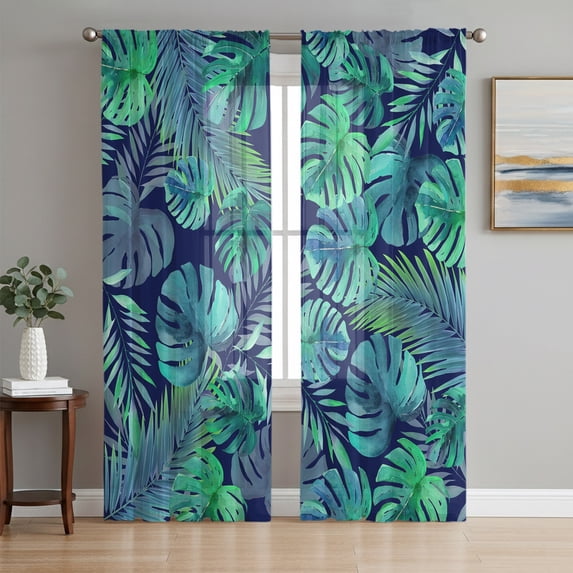 Blue Green Leaves Sheer Curtains 63 Inch Length 2 Panels Set, Tropical Summer Botanical Watercolor Voile Window Treatment Rod Pocket Curtains Sheers Drapes for Bedroom/Living Room/Kitchen 52x"63"x2
