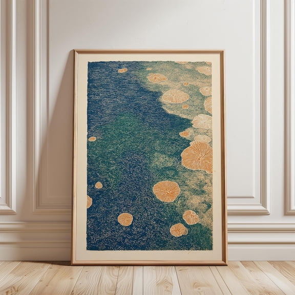 Blue Green Linocut Ocean Poster, Unframed Paper Poster 8x10in