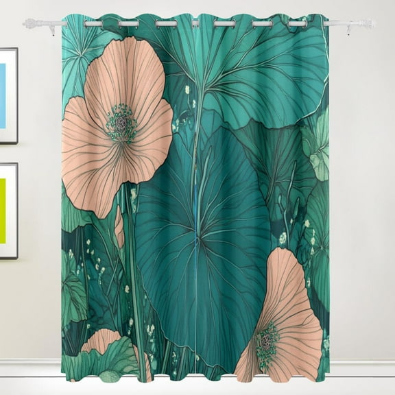 Blue Green Lotus Leaf Blackout Curtains for Living Room Bedroom 55W x 72/84L Insulated Window Drapes 2 Panels