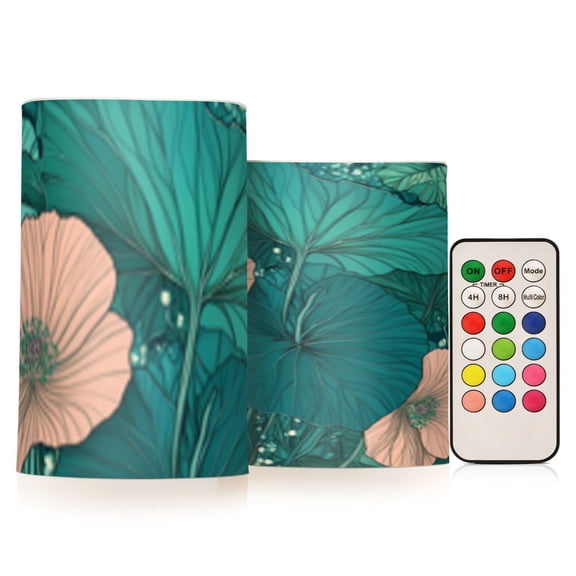 Blue Green Lotus Leaf Flickering Flameless Candles Battery Operated with Remote Timer LED Pillar Candles Set of 2