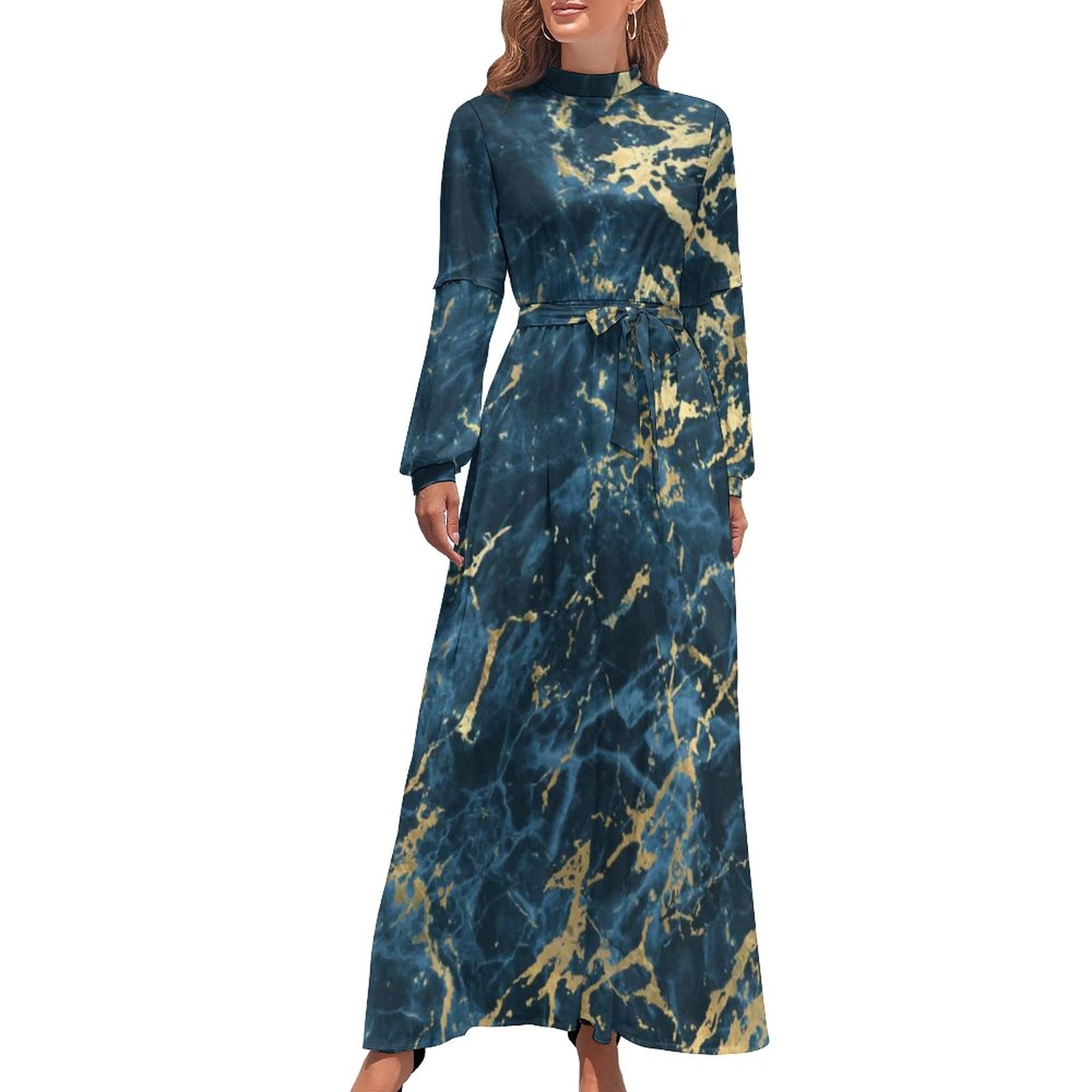 Blue Green Marble Dress Long Sleeve Abstract Graffiti Pattern Vintage Maxi  Dress High Waist Fashion Print Bohemia Long Dresses