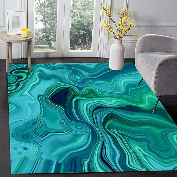 Blue Green Marble Swirl Decorative Area Rug, Modern Abstract Home Rug, Bedroom Rug With Non-Slip Backing Washable For Bedroom Living Room Dining Room Office 3 x 4ft