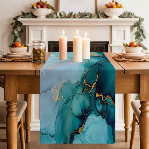 Blue Green Marble Texture Table Runner 13x72in Non-Slip Cotton Linen ...