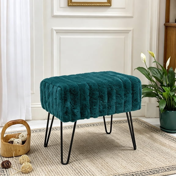 Blue-Green Mink Faux Fur Ottoman, 19.5"x12.5"x17", Entryway Bench, Comfy Furry Makeup Stool with Metal Legs, Foot Rest for Bedroom End of Bed, Living Room Couch Vanity