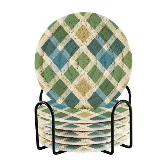 Blue Green Mixture Plaids Diagonal Drinking Coasters Cup Mat with Holder for Kitchen Cafe Bar 6 Packs