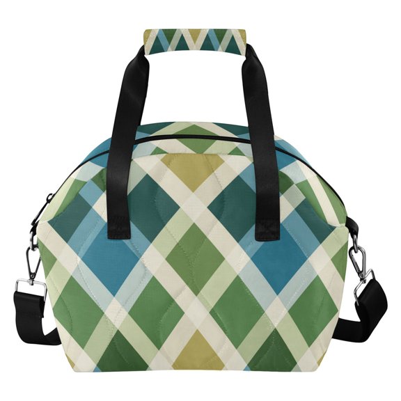 Blue Green Mixture Plaids Diagonal Insulated Lunch Bag Reusable Quilted Lunch Box Waterproof Leakproof Lunch Container