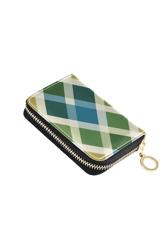Blue Green Mixture Plaids Diagonal Women's Credit Card Holder PU Leather Zipper Wallet RFID Blocking