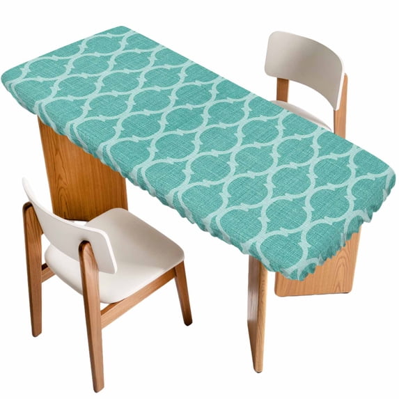 Blue Green Moroccan Table Cloths for 8 Foot Rectangle Tables, Morocco Retro Abstract Quatrefoil Plaid Patio Waterproof Elastic Fitted Tablecloths, Washable Rectangular Table Cover for Camping