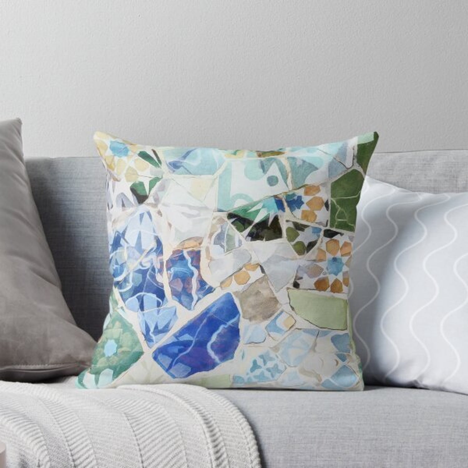 Blue Green Mosaic Tile and Leaf Square Pillow Case, 100% Polyester ...