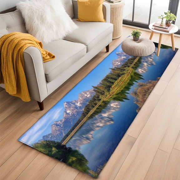 Blue Green Mountain Runner Rug 2x6 FT, Non Slip Hallway Rugs, Pastoral Modern Art Forest Washable Soft Floor Carpet Non-Shedding Throw Runner Carpet Long Rug for Entryway Kitchen Bedside Sliding Door